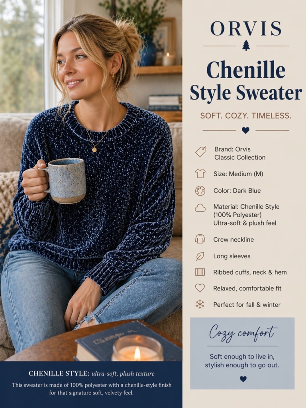 Orvis‎ Chenille-Style Sweater Size M Dark Blue Plush Crewneck Cozy Soft Knit